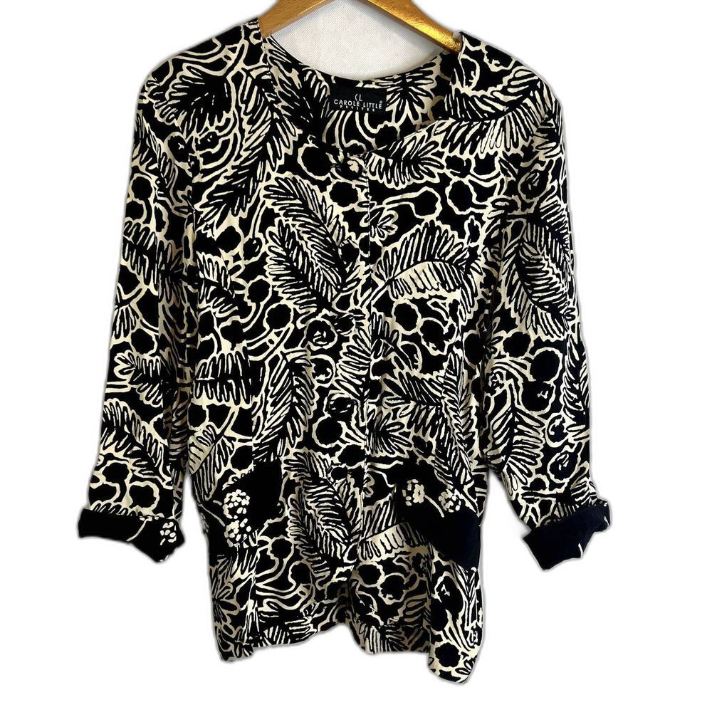 Carole Little Petites‎ Black and White Tropical Blouse Size Medium